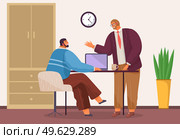 Businessmen dressed in casual clothes are sitting table with laptops and talking colleague. Office workers discussing project. Business meeting and consideration of working moments. Friendly team work. Business meeting and consideration of working moments. Friendly team work, peer discussion. Стоковая иллюстрация, агентство Ingram Publishing / Фотобанк Лори