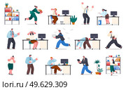 Chaos in office, confused office worker running, paperwork, angry boss, search mistake in document, talking at phone, holding head, failure deadline, unorganized stressing office workers, hurry up. Chaos in office, confused office worker running, paperwork, angry boss, search mistake in document. Стоковая иллюстрация, агентство Ingram Publishing / Фотобанк Лори