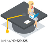 Young tiny girl in glasses sitting with laptop on graduation student hat, higher education online. Undergraduate knowledge. Concept of distance tutorials, studying course for university students. Young tiny girl in glasses sitting with laptop on graduation student hat, higher education online. Стоковая иллюстрация, агентство Ingram Publishing / Фотобанк Лори