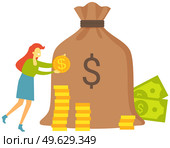 Saving money. Rich woman stacks golden dollar coins in pile near bank bag on white background. Business finance and investment concept. Accumulating money deposit storage cash safety safebox. Saving money. Woman puts golden dollar coins in piggy bank. Business finance and investment concept. Стоковая иллюстрация, агентство Ingram Publishing / Фотобанк Лори