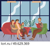 Conversation between parents, child and male psychologist or psychotherapist. Family psychotherapy, psychotherapeutic aid for children with mental problems. Man asks the child and writes in a notebook. Conversation between parents, child and female psychologist. Family psychotherapy session. Стоковая иллюстрация, агентство Ingram Publishing / Фотобанк Лори