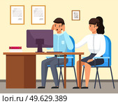 Man and woman sitting at a table with computer upset business people in sad feeling and emotional concept. A colleague consoles a frustrated employee. Problems at work and in career, staff reduction. Man and woman sitting at a desk upset business people in sad feeling and emotional concept. Стоковая иллюстрация, агентство Ingram Publishing / Фотобанк Лори