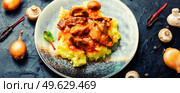 Appetizing beef stroganoff meat. Meat with mushrooms and mashed potatoes. Meat with mushrooms, Beef stroganoff. Стоковое фото, агентство Ingram Publishing / Фотобанк Лори