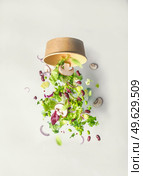 Healthy green salad falling from sustainable bowl at white wall background. Food levitation of salad with edamame,mushroom, onion and kidney beans.  Plastic free. Стоковое фото, агентство Ingram Publishing / Фотобанк Лори