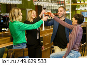 Merry multiethnic adult man and women in casual clothes smiling and clinking glasses of alcohol drinks while resting near counter in weekend in bar. Optimistic friends proposing toast in a pub. Стоковое фото, агентство Ingram Publishing / Фотобанк Лори
