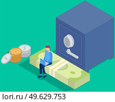 Man works on computer in banking sector. Money, bills and safe storage concept. Businessman sitting with laptop and working with finances. Banker counts money in bank flat vector illustration. Man works on computer in banking sector. Money, bills and safe storage vector illustration. Стоковая иллюстрация, агентство Ingram Publishing / Фотобанк Лори