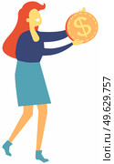Successful businesswoman with dollar golden coin in hands. Happy girl with money isolated. Rich businesswoman or millionaire, careless wealthy character with currency, financial success, good luck. Successful businesswoman with dollar golden coin in hands. Happy girl with money isolated on white. Стоковая иллюстрация, агентство Ingram Publishing / Фотобанк Лори