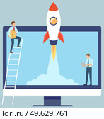 Business team make new project standing near laptop, start up concept. Rocket takes off into sky. Businessman on ladder with coin develops business idea. Innovative successful way in entrepreneurship. Business team make new project standing near laptop, start up concept. Rocket takes off into sky. Стоковая иллюстрация, агентство Ingram Publishing / Фотобанк Лори