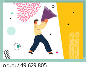 A man standing in abstract imaginary space organizing geometric shapes. Person in a pose of movement collecting figures. Teamwork and team building organization concept. Modern business illustration. A man standing in abstract imaginary space organizing different geometric shapes. Teamwork concept. Стоковая иллюстрация, агентство Ingram Publishing / Фотобанк Лори