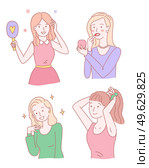 Smiling beautiful girl in various poses in action. Cute cheerful young woman playfully moves hair with hands, paints lips, looks in the mirror smarten up, doing hairstyle, tying hair in a ponytail. Smiling beautiful girl in various poses in action. Looks in the mirror smarten up, doing hairstyle. Стоковая иллюстрация, агентство Ingram Publishing / Фотобанк Лори