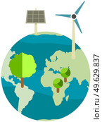 Production of eco friendly electricity with wind and solar power stations. Energy without harm to environment and nature. Caring for nature and preserving planet. Greening and saving earth concept. Production of electricity with wind and solar power stations. Energy without harm to nature. Стоковая иллюстрация, агентство Ingram Publishing / Фотобанк Лори