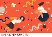 People flying in abstract imaginary space organizing geometric shapes. Group of young women collecting figures. Teamwork and team building organization concept. Coworking and business partnership. People flying in abstract imaginary space organizing different geometric shapes. Teamwork concept. Стоковая иллюстрация, агентство Ingram Publishing / Фотобанк Лори
