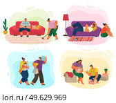 Life of a young couple, set of scenes from everyday household chores, shopping at the store, cleaning the house and rest. People activity, daily routine vector illustration on a white background. Life of a young couple, set of scenes from everyday household chores, daily routine illustration. Стоковая иллюстрация, агентство Ingram Publishing / Фотобанк Лори
