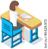 Woman office worker sitting at desk back view. Classroom student sitting at table and writing in notebook. Young people preparing for exams at University or school. Person studies gets an education. Woman student sitting at desk back view. Classroom pupil sitting at table and writing in notebook. Стоковая иллюстрация, агентство Ingram Publishing / Фотобанк Лори