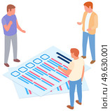 Businessmen looking at survey and communicating about business. Employees work with quiz test. Men checking correctness of form. People discuss questionnaire. Guys in business clothes discussing. Businessmen looking at survey and communicating about business. Employees work with quiz test. Стоковая иллюстрация, агентство Ingram Publishing / Фотобанк Лори