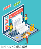 Concept of electronic bill and online bank, laptop with check tape. Payment by means of the payments electronic online. Payment plastic card, tiny people payers buys goods online, receives an invoice. Concept of electronic bill and online bank. Payment by means of the payments electronic online. Стоковая иллюстрация, агентство Ingram Publishing / Фотобанк Лори