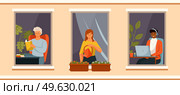 People enjoy clean air and view from the window, watering flowers, working with a laptop, reading books. Persons stay at home, daily life routine, hobby time. Neighbors are looking out the window. People enjoy clean air and view from the window. Persons stay at home daily life routin, hobby time. Стоковая иллюстрация, агентство Ingram Publishing / Фотобанк Лори