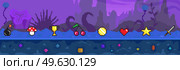 Signs and symbols of items collected during game against of alien plants and space. Pixel game interface layout design full of coins, stars, pixelated bombs and hearts. Pixel 8 bit retro video game. Signs and symbols of items collected during game against background of alien plants and space. Стоковая иллюстрация, агентство Ingram Publishing / Фотобанк Лори
