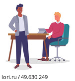 Two young office workers communicate, laugh. Guy with red sweater sitting on green chair at table with laptop. Man standing and talking. Informal friendly communication between office workers. Men work and communicate in office. Informal friendly chatting of employees, boss and subordinate. Стоковая иллюстрация, агентство Ingram Publishing / Фотобанк Лори