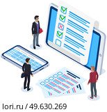 Online form survey on tablet vector illustration. Colleagues at business meeting check blank. Businessmen discuss quiz exam paper document. Options for filling out questionnaire on phone or offline. Online form survey on tablet vector illustration. Colleagues at business meeting check blank. Стоковая иллюстрация, агентство Ingram Publishing / Фотобанк Лори