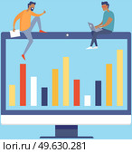 Colleagues talk about financial performance. Workers communicate solve business development issues, collaboration and discussion graphical business report with charts. Teamwork, joint work in company.. Colleagues talk about financial performance. Discussion about graphical business report with charts. Стоковая иллюстрация, агентство Ingram Publishing / Фотобанк Лори