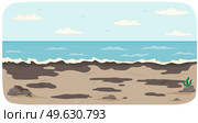 Oiled coastline with ocean and waves. Seascape with salty water on seashore polluted by oil. Pollution of nature and environment concept. Water covers sandy beach with waves. Dirty ocean bank. Oiled coastline with ocean and waves. Seascape with salty water on seashore polluted by oil. Стоковая иллюстрация, агентство Ingram Publishing / Фотобанк Лори