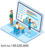 Expert worker evaluate statistics looking and discussing about business infographic on screen. Concepts for business analysis and planning consulting team work. Financial research with data indicators. Expert worker evaluate statistics people looking and discussing about business infographic on screen. Стоковая иллюстрация, агентство Ingram Publishing / Фотобанк Лори