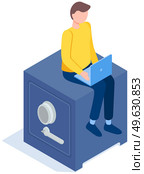 Man works on computer in banking sector. Businessman sitting on safe with laptop in his hands and working with finances. Banker counts money in bank. Safe for storing currency flat vector illustration. Man works on computer in banking sector. Businessman sitting on safe with laptop and working. Стоковая иллюстрация, агентство Ingram Publishing / Фотобанк Лори