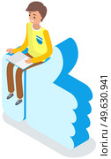 Happy businessman with notebook sits on sign thumbs up, made successful deal, manager did good job. Likes and positive, concept of follow and like us, social media feedback, advertising, smm, yes sign. Happy businessman with notebook sits on sign thumbs up. Likes and positive feedback concept. Стоковая иллюстрация, агентство Ingram Publishing / Фотобанк Лори