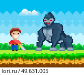 Pixel man with steel sword battling with huge monkey. Pixelated natural landscape with warrior holding falchion fighting against big gorilla. Cartoon pixel-game characters to use in computer game. Pixel man with steel sword battling with huge monkey. Warrior with falchion fighting against gorilla. Стоковая иллюстрация, агентство Ingram Publishing / Фотобанк Лори
