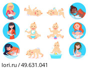 Woman breastfeeding her newborn baby in various positions. Nursing mothers information poster. Set woman with toddler, mom feeding her child with breast milk. Cute baby doing various things, play toys. Woman breastfeeding her newborn baby in various positions. Nursing mothers information poster. Стоковая иллюстрация, агентство Ingram Publishing / Фотобанк Лори