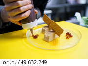 Unrecognisable chef squeezing drops of jam onto a plate of foie micuit with crunchy croutons while working in a restaurant. Crop chef plating foie micuit with crunchy croutons in restaurant. Стоковое фото, агентство Ingram Publishing / Фотобанк Лори
