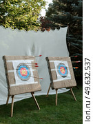 archery multi-colored target in the garden is studded with arrows. Стоковое фото, агентство Ingram Publishing / Фотобанк Лори
