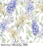 Beautiful tender  watercolor seamless pattern  with different flowers of hyacinth, tulips, violet. Illustration.. Beautiful tender  watercolor seamless pattern  with different flowers of hyacinth, tulips, violet. Стоковое фото, агентство Ingram Publishing / Фотобанк Лори