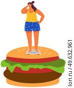 Young woman is weighting. Lady on diet wants to be slim. Person uses equipment, device to measure kilograms at home. Overweight girl on scales is standing on huge burger. Diet and proper nutrition. Overweight young woman on scales is standing on huge burger. Diet and proper nutrition concept. Стоковая иллюстрация, агентство Ingram Publishing / Фотобанк Лори