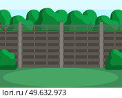 Sunny back yard with green lawn. Green spaces behind large metal fence. Park, glade or backyard lawn for hanging out and relaxing in nature. Trees, grass and bushes as elements of landscape design. Trees, grass and bushes as elements of interior landscape. Back yard with green lawn behind fence. Стоковая иллюстрация, агентство Ingram Publishing / Фотобанк Лори