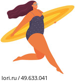 Happy plus size girl with surfboard running on white background. Active body positive concept. Attractive overweight woman in swimsuit on vacation. Life of fat woman summer water entertainment. Plus size woman in swimsuit with surfboard running on white background. Active body positive concept. Стоковая иллюстрация, агентство Ingram Publishing / Фотобанк Лори