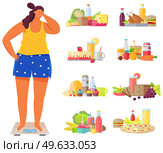 Overweight girl on scales surrounded by junk food, fastfood and fizzy drinks. Fat woman is measuring weight. Person uses equipment, device to measure kilograms. Proper nutrition, healthy lifestyle. Overweight girl on scales surrounded by junk food, fastfood and fizzy drinks. Lady measuring weight. Стоковая иллюстрация, агентство Ingram Publishing / Фотобанк Лори