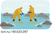 Scientists in protective suits collect samples of contaminated water. People analyze state of ocean. Men collect water in test tube and conduct experiments. Person makes notes during research. Scientists in protective suits collect samples of contaminated water. People analyze state of ocean. Стоковая иллюстрация, агентство Ingram Publishing / Фотобанк Лори