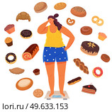 Young woman stands on scales and weights. Lady on diet wants to be slim. Person uses equipment, device to measure kilograms at home. Overweight girl on scales surrounded by pastries and junk food. Overweight girl on scalessurrounded by pastries and junk food. Fat woman is measuring weight. Стоковая иллюстрация, агентство Ingram Publishing / Фотобанк Лори