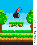 Pixel art style vector bomb for retro pixel-game. Black round core with wick that burns. Pixelated 8bit bombshell black, old videogame bang, detonate, warning error in natural landscape background. Pixel art style vector bomb element for retro pixel-game. Black round core with wick that burns. Стоковая иллюстрация, агентство Ingram Publishing / Фотобанк Лори