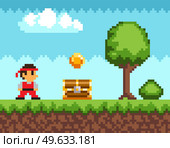 Pixel-game ninja male brave character. Pixelated natural landscape with warrior standing on green grass near golden coin and chest on meadow. Cartoon pixel person to use in computer game or mobile app. Pixel-game ninja male character. Pixelated natural landscape with warrior near golden coin and chest. Стоковая иллюстрация, агентство Ingram Publishing / Фотобанк Лори