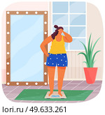 Plump woman stands on scales in living room at home and take care of health. Woman unhappy with her reflection in mirror. Lady began to engage in her body. Overweight girl wants to be healthy, slim. Overweight unhappy with her weight woman stands on scales opposite mirror in living room at home. Стоковая иллюстрация, агентство Ingram Publishing / Фотобанк Лори