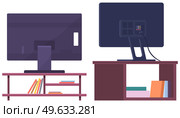 Modern furniture, living room interior elements. Large plasma TV on table with shelves isolated on white background. TV cabinet with open drawers and books. Big screen electronics for watching movies. Plasma TV on table with shelves, open drawers and books. Big screen electronics for watching movies. Стоковая иллюстрация, агентство Ingram Publishing / Фотобанк Лори