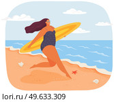 Happy plus size girl with surfboard running along beach. Active body positive concept. Attractive overweight woman in swimsuit on vacation on seashore. Life of fat woman summer water entertainment. Happy plus size woman in swimsuit with surfboard running along beach. Active body positive concept. Стоковая иллюстрация, агентство Ingram Publishing / Фотобанк Лори
