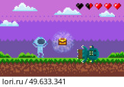 Pixel game interface layout design. Cartoon character goes to zombie and kills vector illustration. Monster attacks astronaut with incomplete health. Man raises his hands up and looks through helmet. Cartoon character goes to zombie and kills. Monster attacks astronaut with incomplete health. Стоковая иллюстрация, агентство Ingram Publishing / Фотобанк Лори