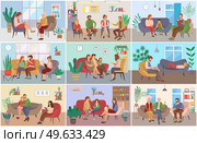 A set of pictures about psychotherapy sessions. People sit at the reception of a specialist. Diferent psychologists write down their patients problems on paper vector illustration flat design. A set of pictures about psychotherapy sessions. People are sitting at the reception of a specialist. Стоковая иллюстрация, агентство Ingram Publishing / Фотобанк Лори