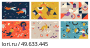 People flying in abstract space organizing geometric shapes scenes set. Young man and woman collecting figures. Teamwork and team building organization concept. Coworking and business partnership. People flying in abstract imaginary space organizing geometric shapes. Teamwork concept scenes set. Стоковая иллюстрация, агентство Ingram Publishing / Фотобанк Лори