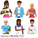 Set of illustrations about bartenders working with drinks in bar. People mix, create and serve cocktails to guests. Barmans holding equipment and bottles of bar drinks isolated on white background. Set of illustrations about bartenders working with drinks. People mix, create and serve cocktails. Стоковая иллюстрация, агентство Ingram Publishing / Фотобанк Лори