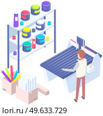 Isometric factory printer. People working with equipment and shelving with paints. Office or production technique. Technology for printing. Technique, printer, printing machine vector illustration. People working with equipment and shelving with paints. Office technique vector illustration. Стоковая иллюстрация, агентство Ingram Publishing / Фотобанк Лори